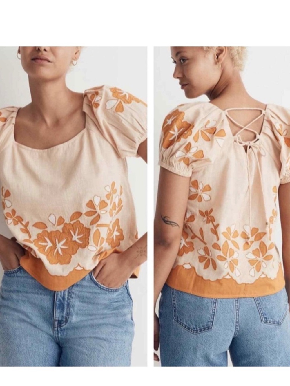 Madewell Embroidered Orange Embroidered Appliqué Laced Back Cotton Blouse Top M